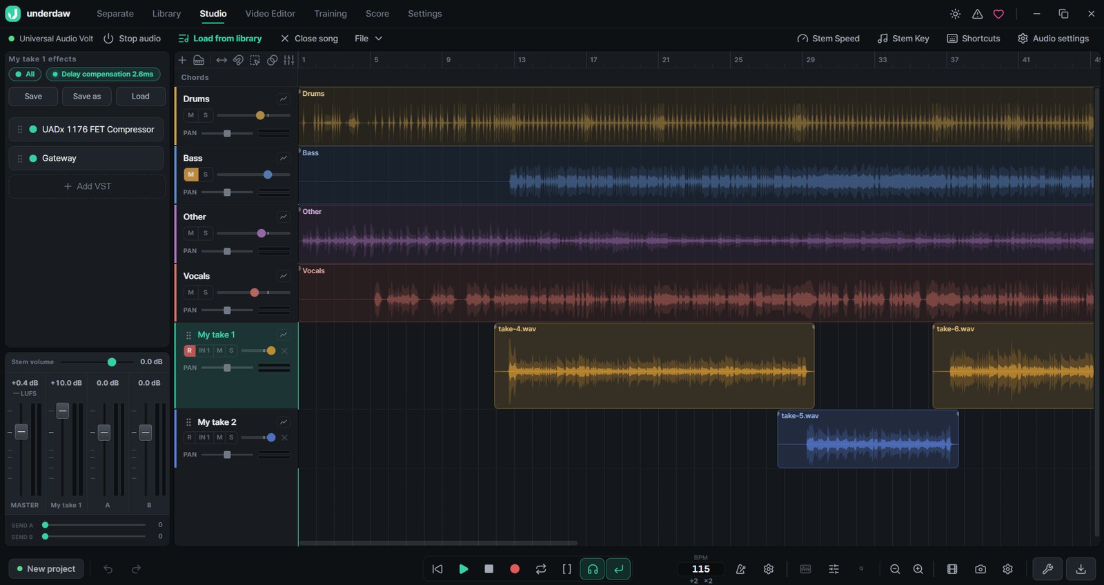 underdaw 스튜디오 — 분리한 스템 위에 녹음 테이크를 쌓은 화면